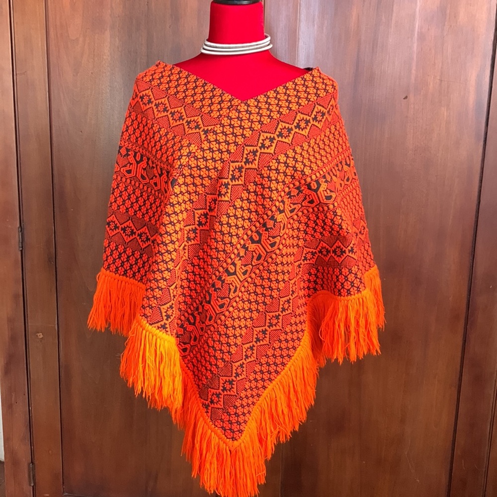 Vintage 60s Guatemalan Poncho Perfectly Orange and Black